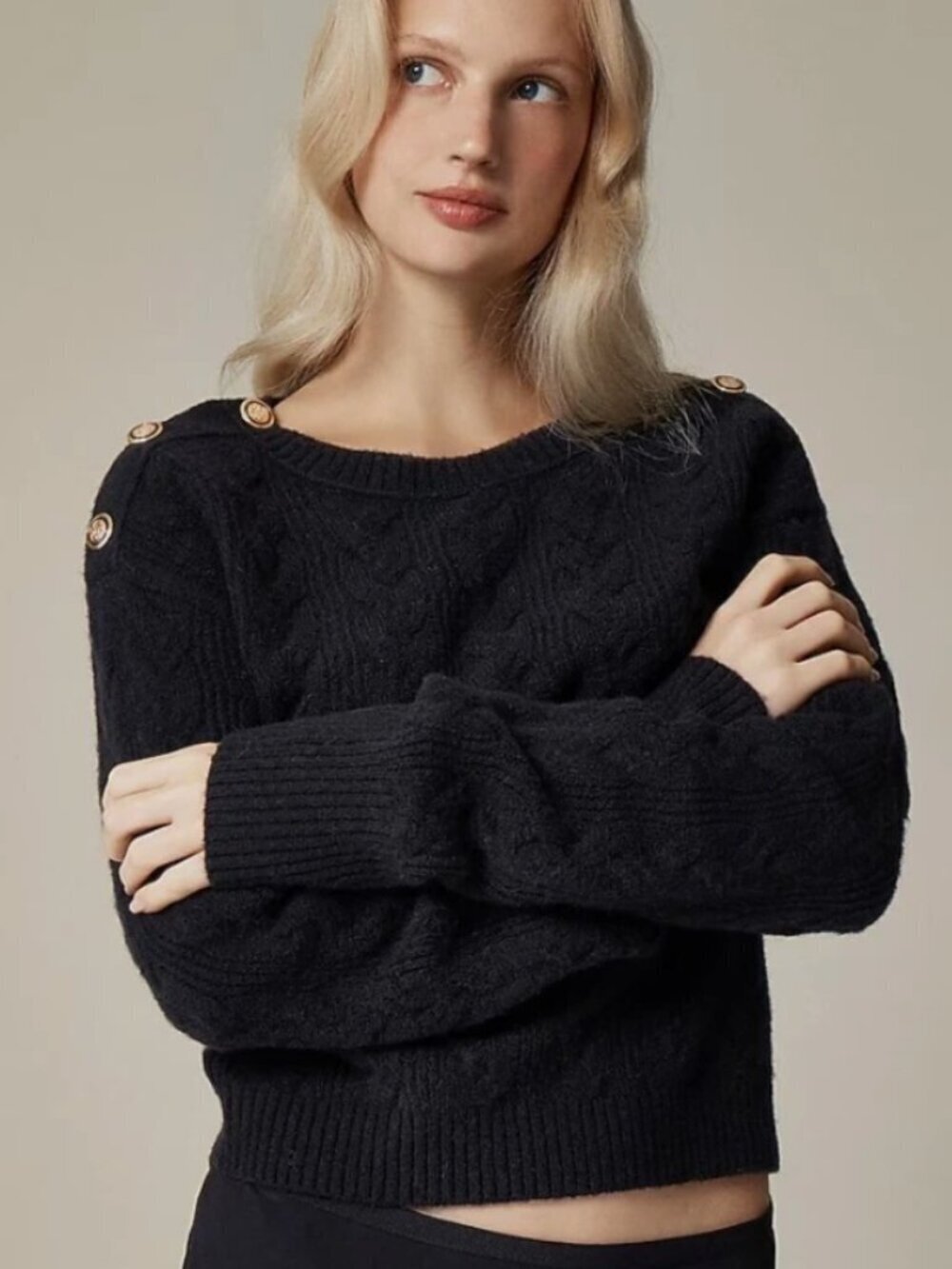 J. Crew Charcoal Cable-Knit Crewneck Sweater with Gold Buttons